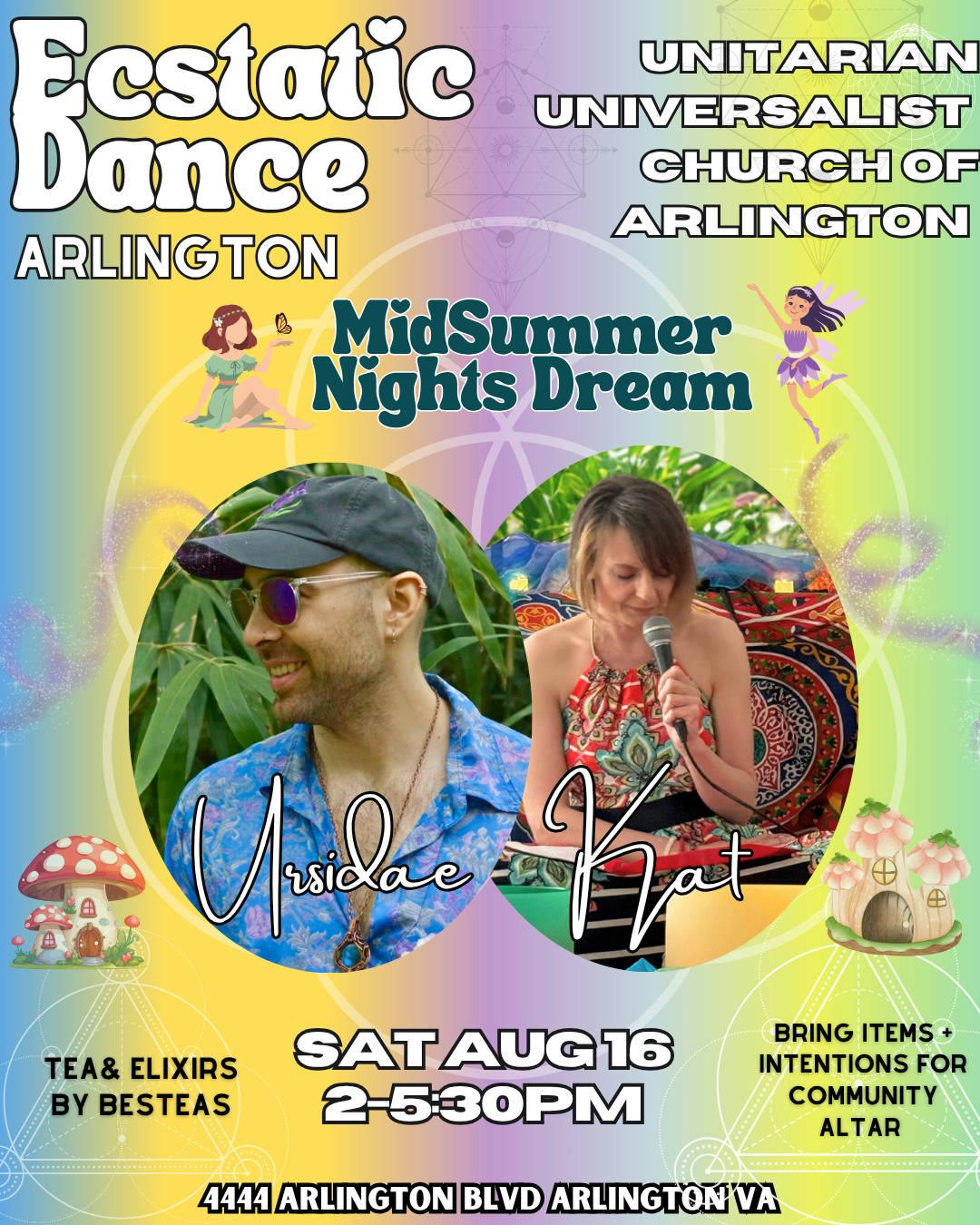 Ecstatic Dance Arlington Midsummer Nights Dream Aug 16 @ UUCA event banner
