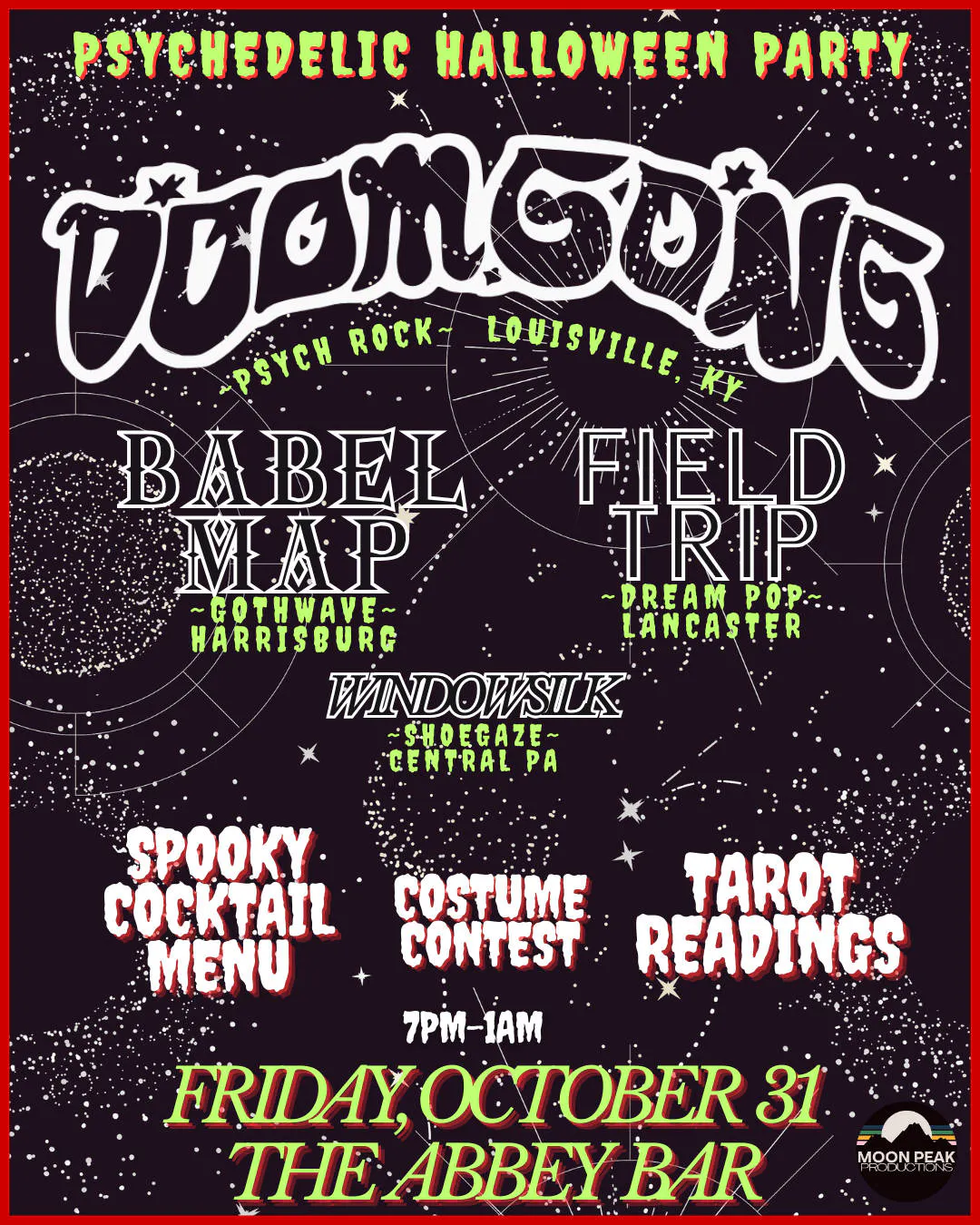 Psychedelic Halloween at The Abbey Bar feat. Doom Gong, Babel Map, Field Trip, Windowsilk event banner