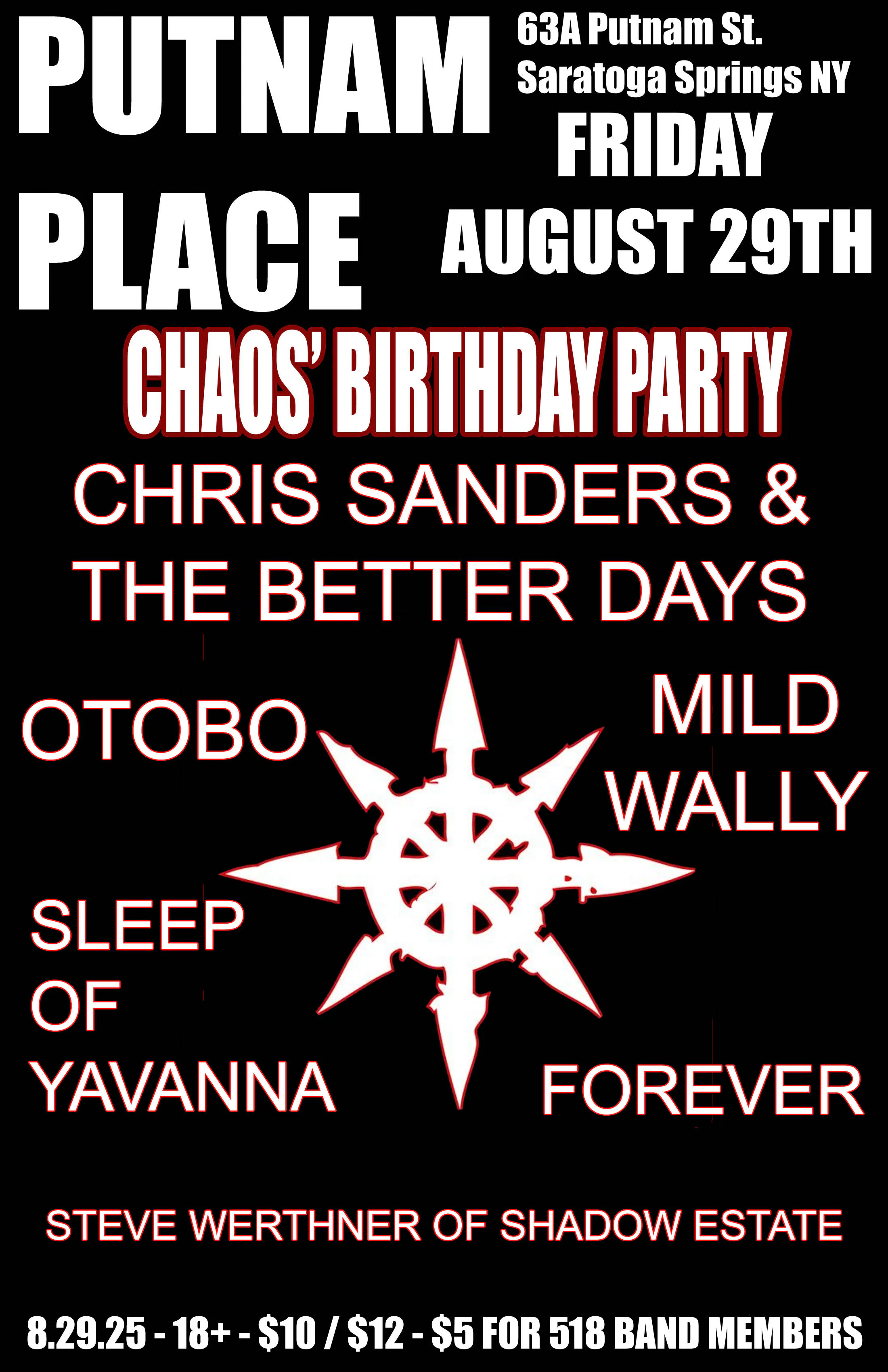 Chaos' birthday party - Friday, August 29th at Putnam Place event banner