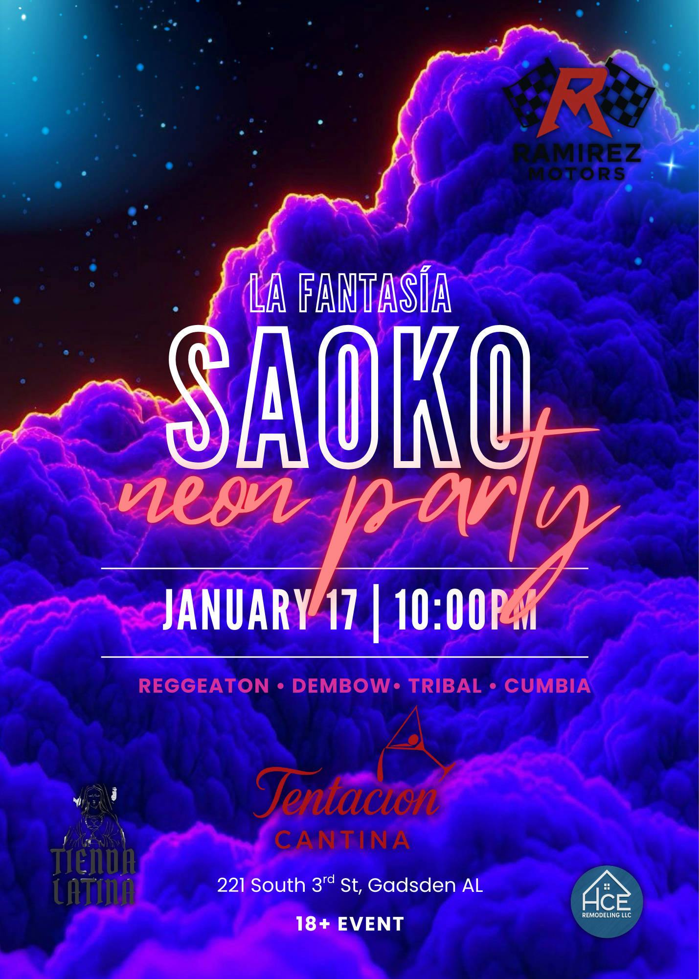 Saoko Neon Party event banner