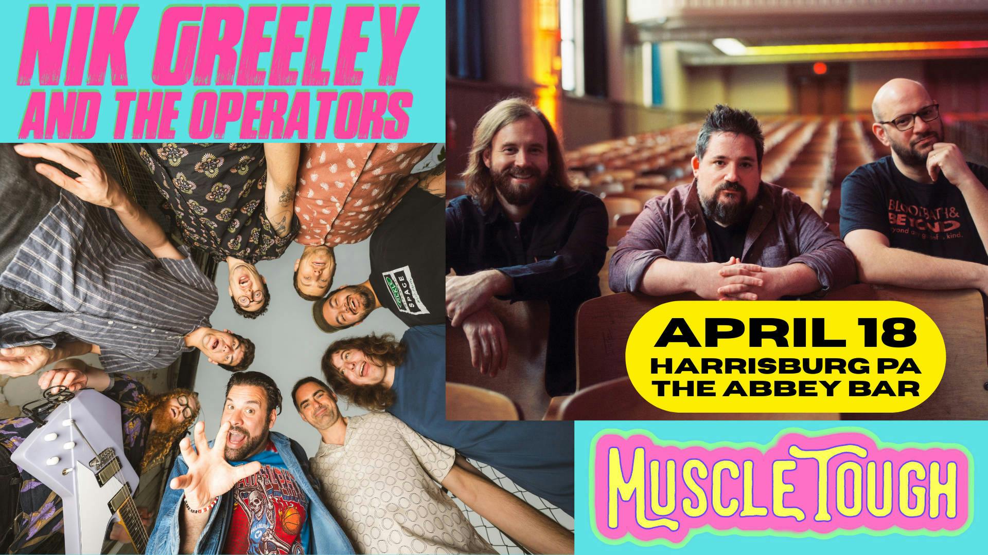 Nik Greely and the Operators & Muscle Tough at The Abbey Bar | Harrisburg PA event banner