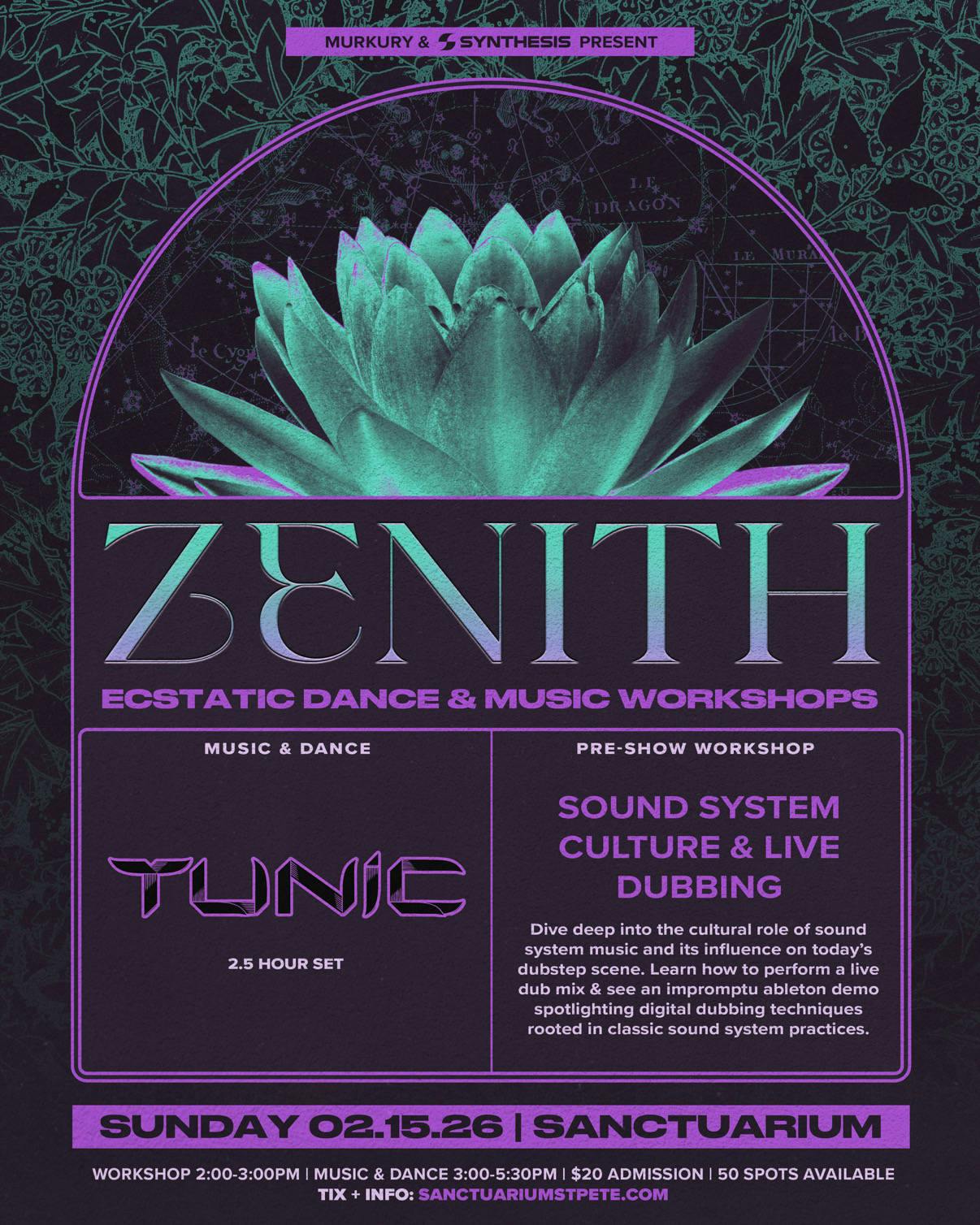 Zenith: Ecstatic Dance + Music Production feat TUNIC 2/15 2-5:30pm event banner