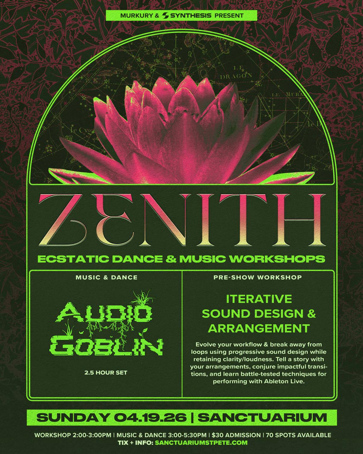 Zenith: Ecstatic Dance + Music Production feat AUDIO GOBLIN 4/19 2-5:30pm event banner