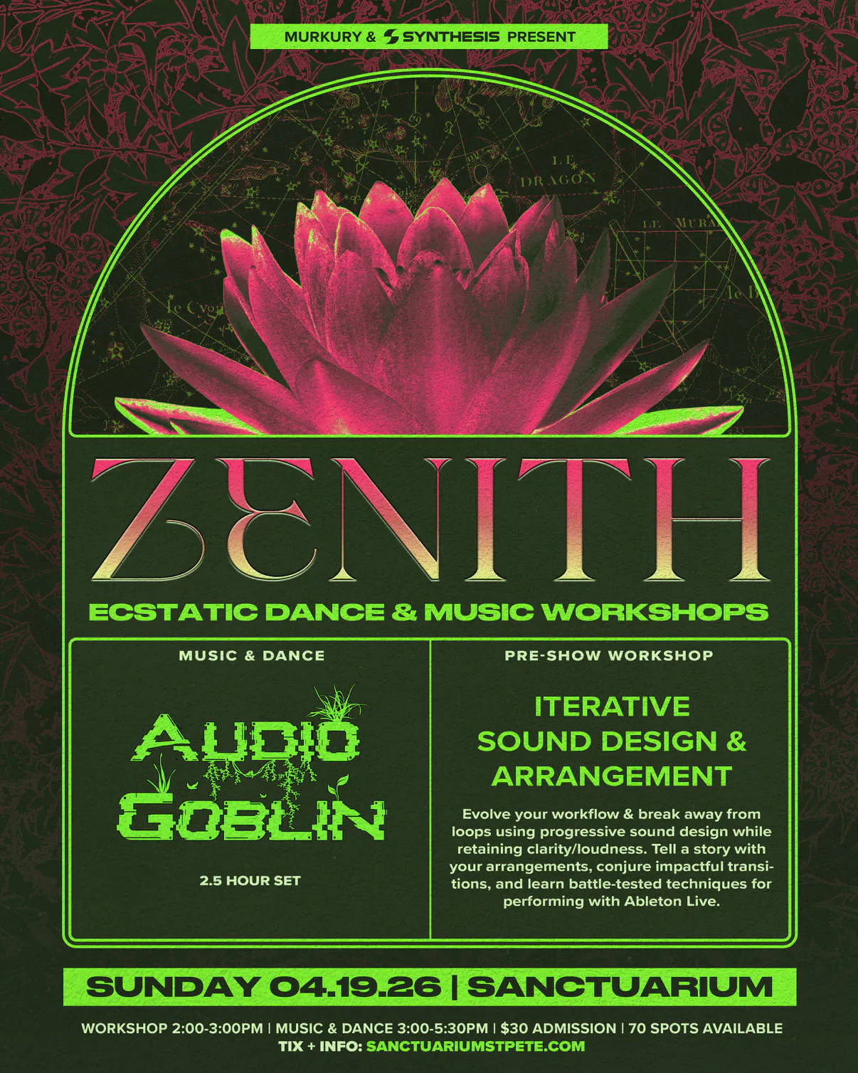 Zenith: Ecstatic Dance + Music Production feat AUDIO GOBLIN 4/19 2-5:30pm event banner