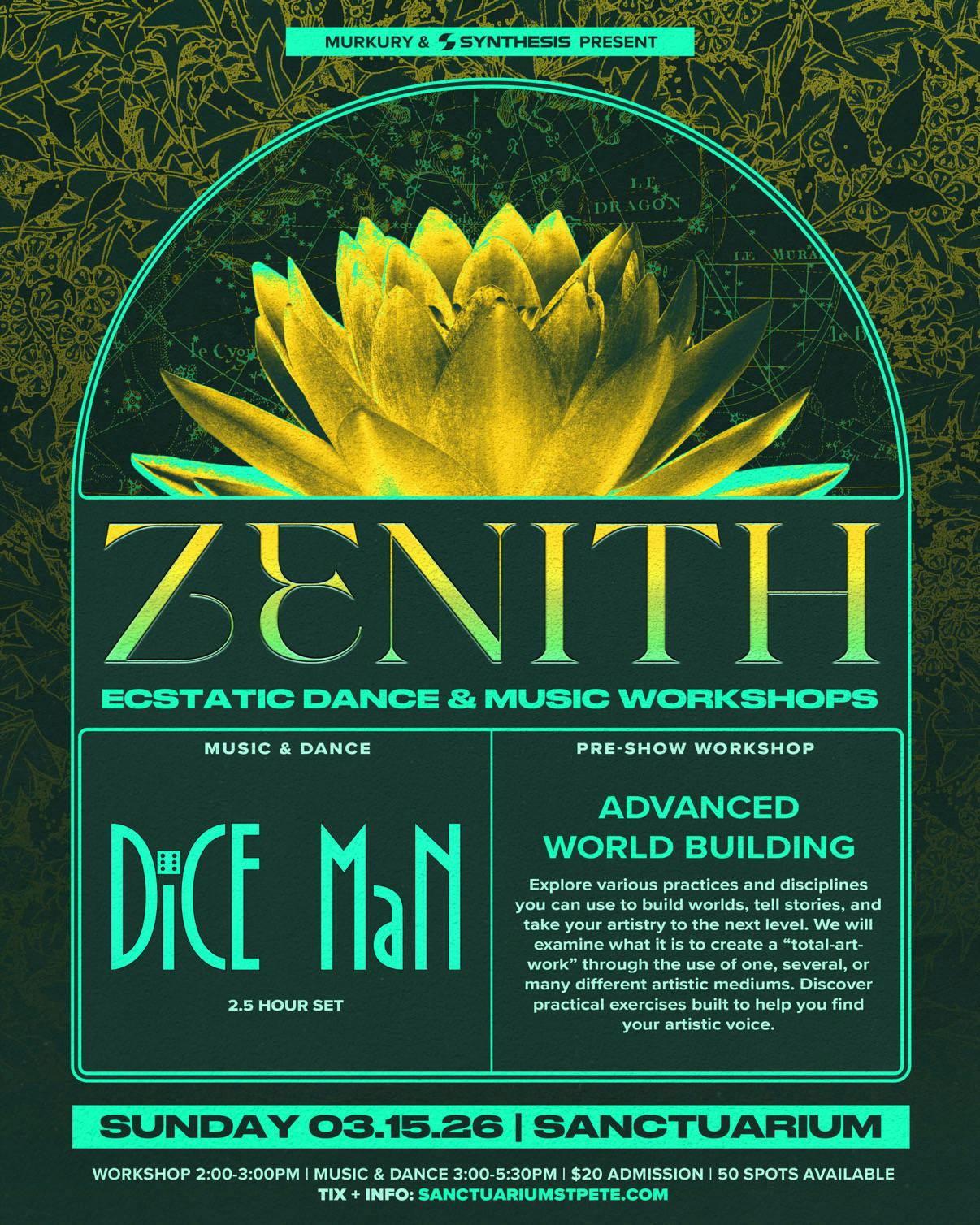 Zenith: Ecstatic Dance + Music Production ft DICE MAN 3/15 2-5:30pm event banner