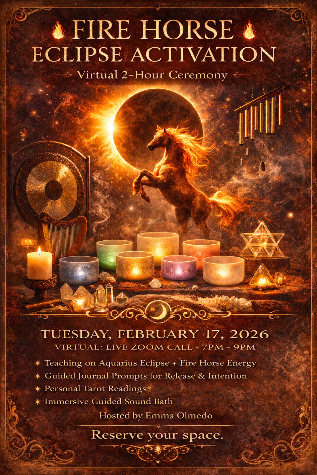 ((Virtual Session + Recording)) Sacred Sounds: Solar Eclipse + Lunar New Year (Fire Horse) event banner