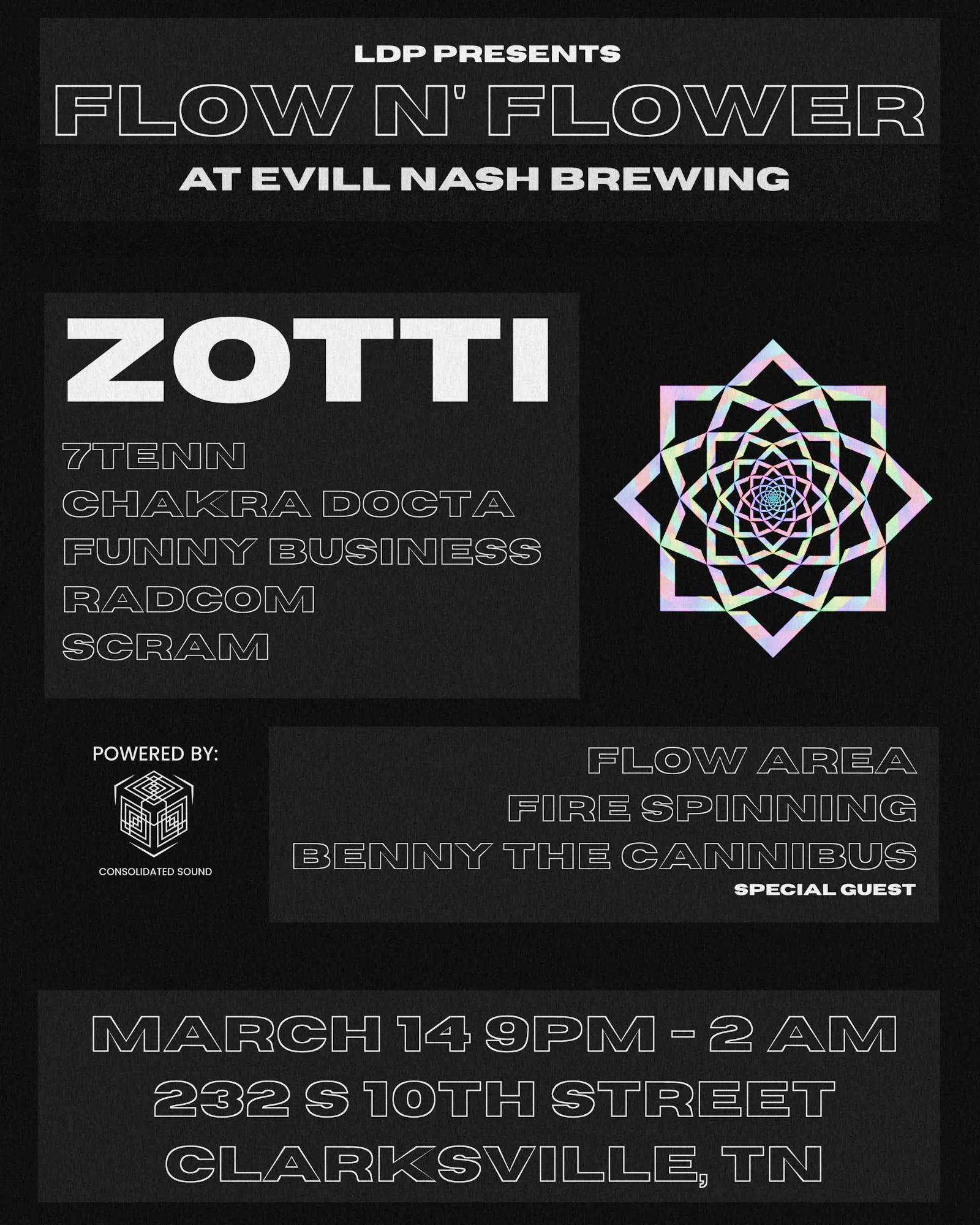 Flow N' Flower at Evill Nash Brewing: Zotti, 7TENN, Chakra Docta, Funny Business, SCRAM, Radcom event banner