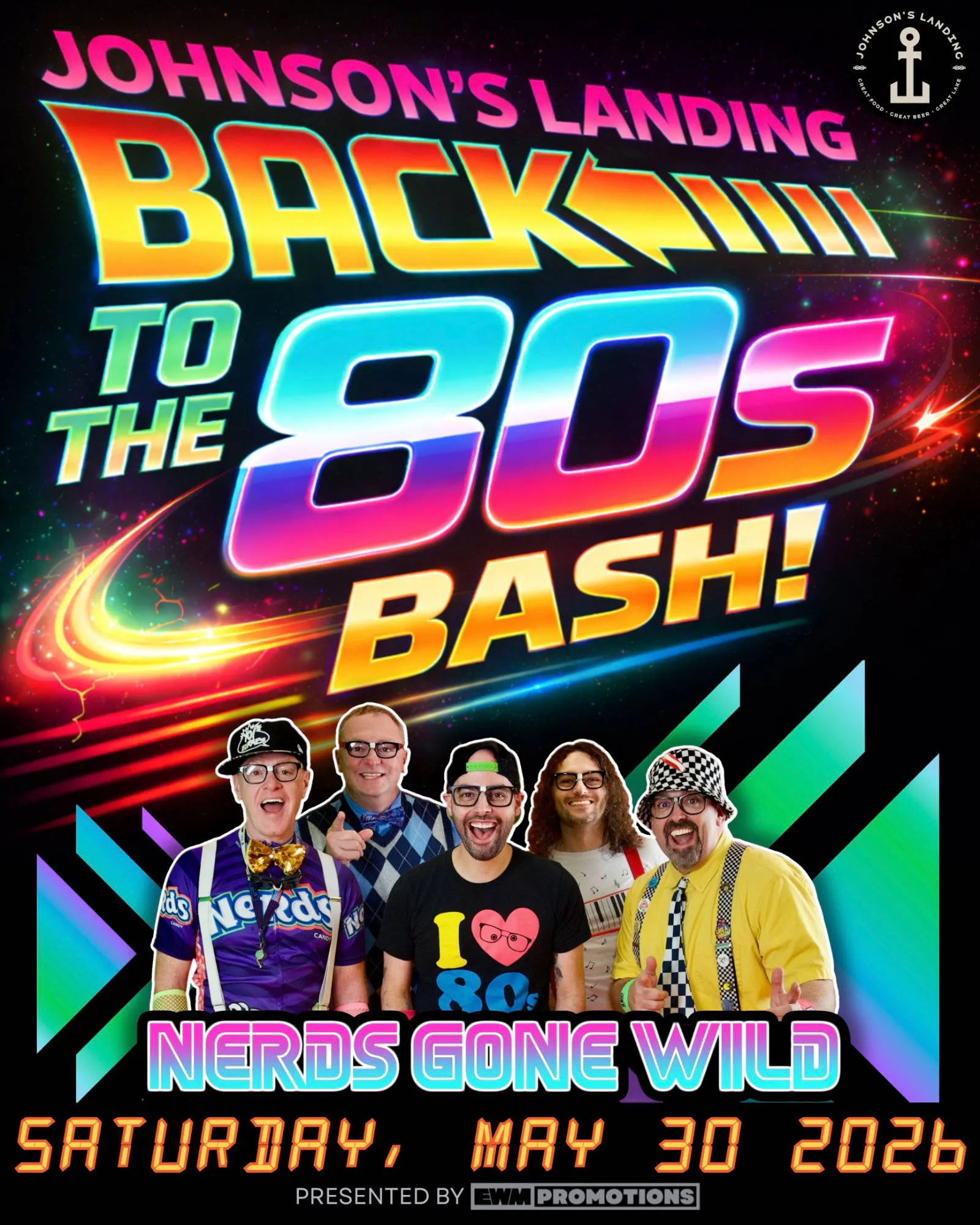 Johnson's Landing's Back to the '80s Bash with NERDS GONE WILD! event banner