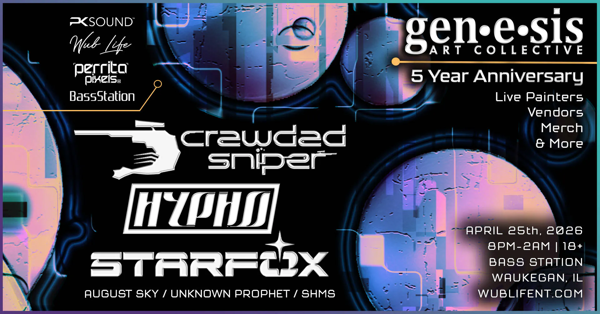 GENESIS ART COLLECTIVE'S 5 YEAR ANNIVERSARY AT BASS STATION event banner