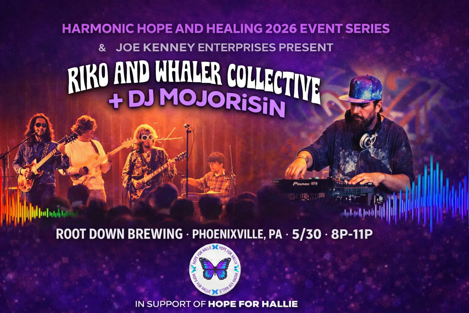Harmonic Hope and Healing presents Riko & Whaler Collective/DJ MOJORiSiN at Root Down Brewing event banner