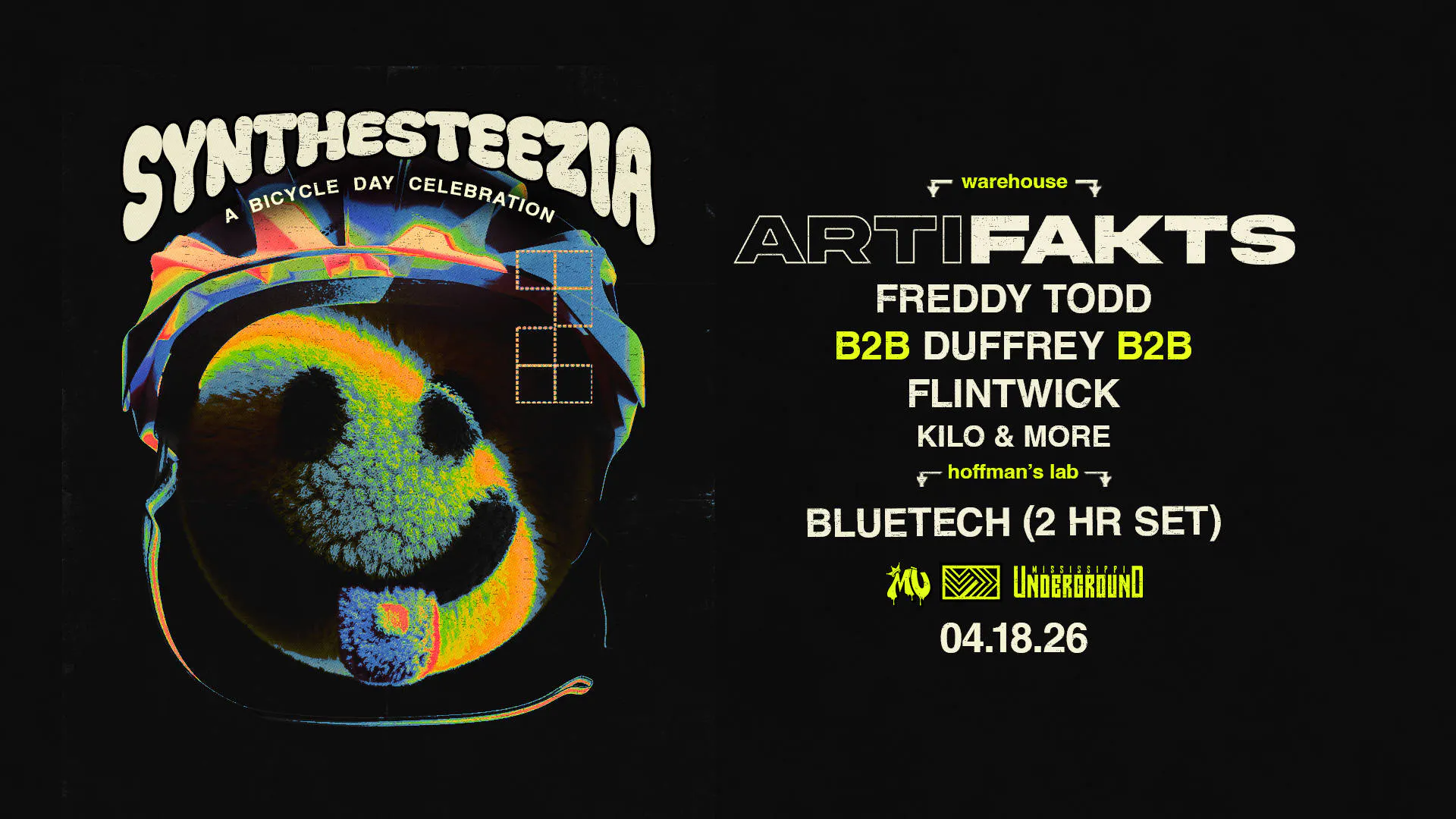 SYNTHESTEEZIA W/ ARTIFAKTS, BLUETECH, FREDDY TODD B2B DUFFREY B2B FLINTWICK & MORE event banner
