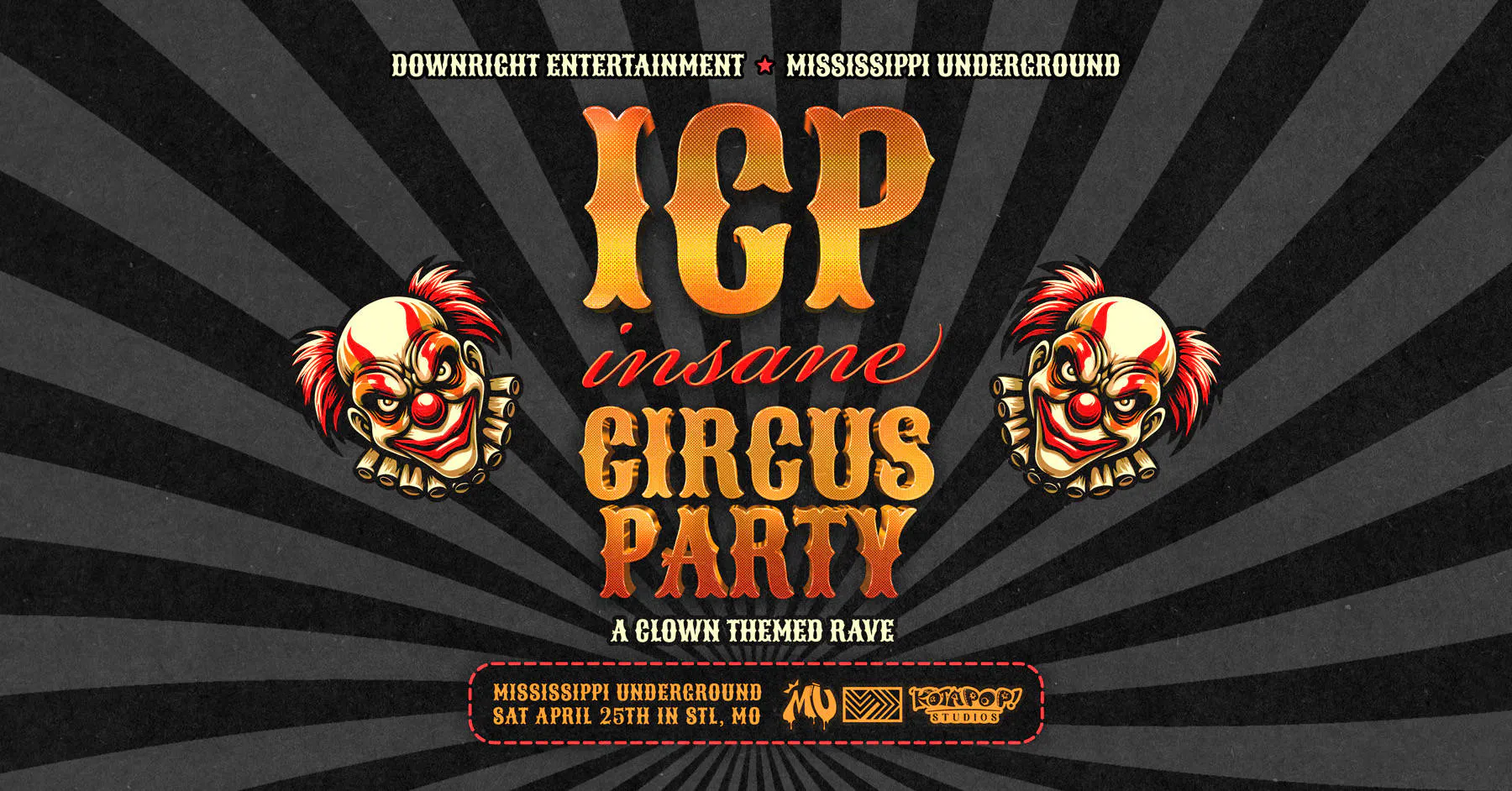 ICP INSANE CIRCUS PARTY, A CLOWN THEMED RAVE event banner