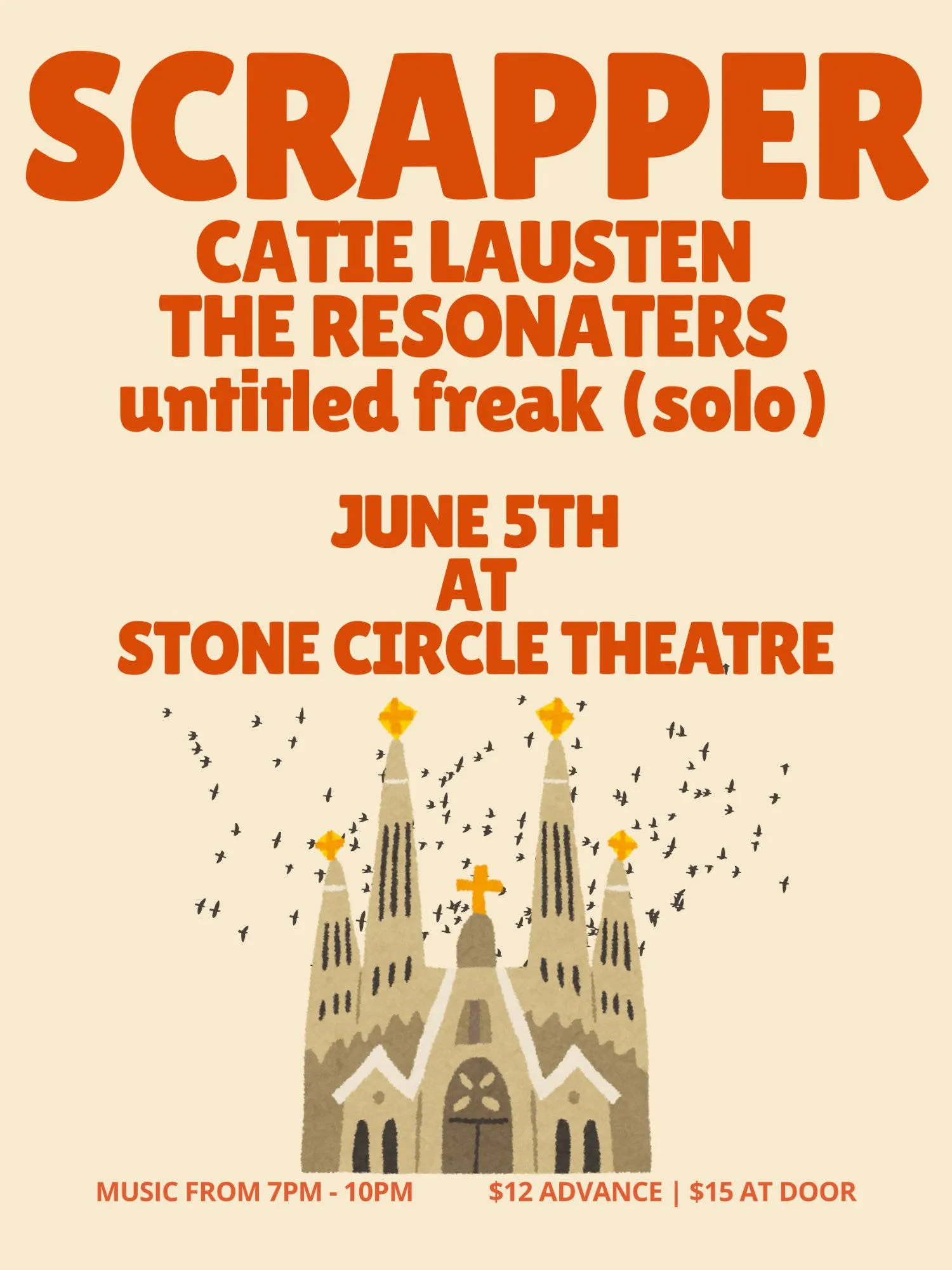 Scrapper, Catie Lausten, The Resonaters, untitled freak [solo] event banner