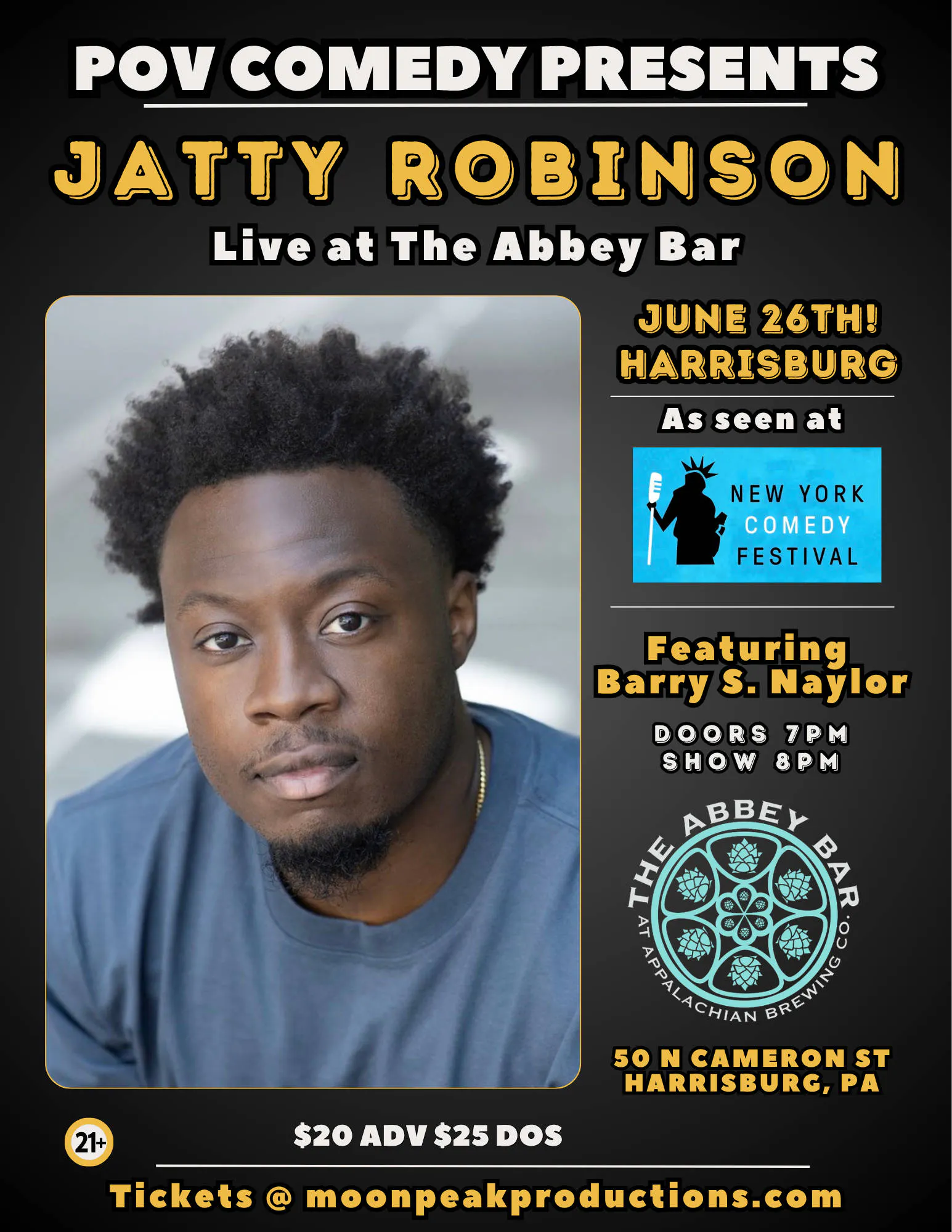POV Comedy presents Jatty Robinson at The Abbey Bar | Harrisburg PA event banner