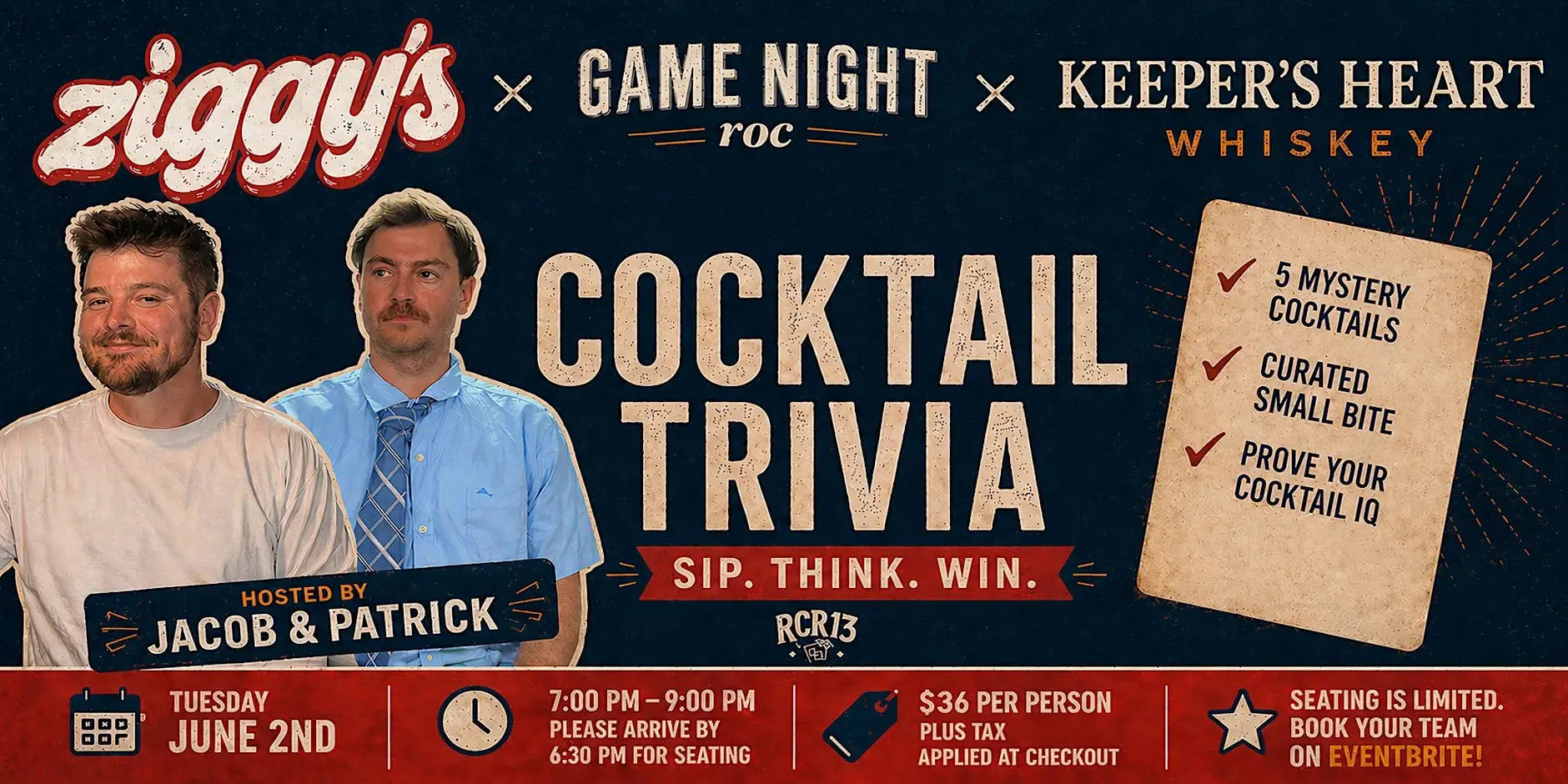 Cocktail Trivia Night with Game Night Roc & Keeper’s Heart Whiskey event banner