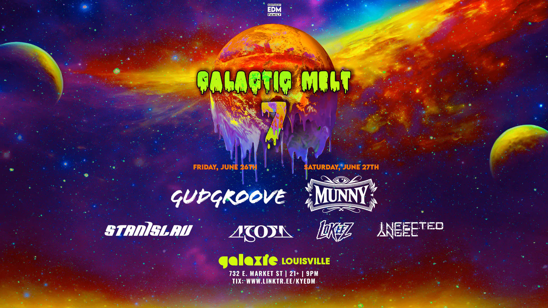 Galactic Melt 7: Gudgroove, Munny, Agora, Stanislav, infected angel & LoKeez at Galaxie - Covington event banner
