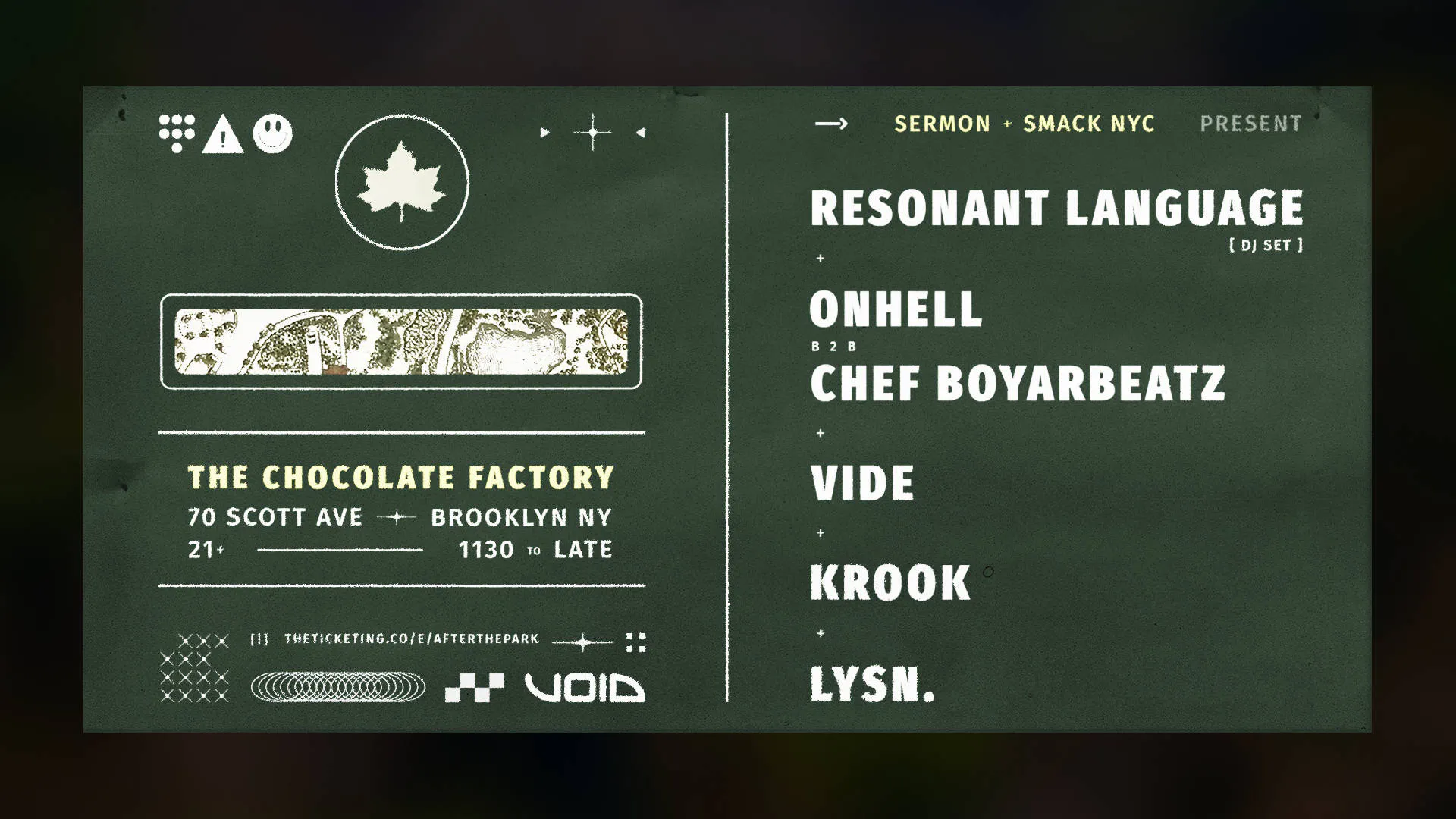 After The Park ft. Resonant Language, Onhell b2b Chef Boyarbeatz, Vide, Krook + lysn. event banner
