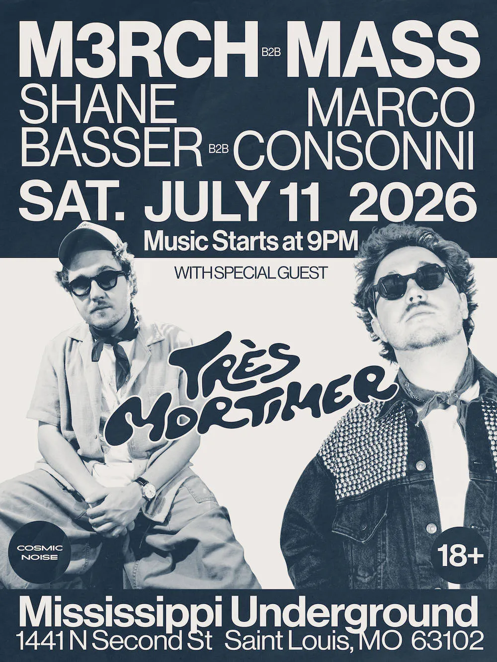 COSMIC NOISE: M3RCH b2b MASS Special Guest MORTIMER event banner