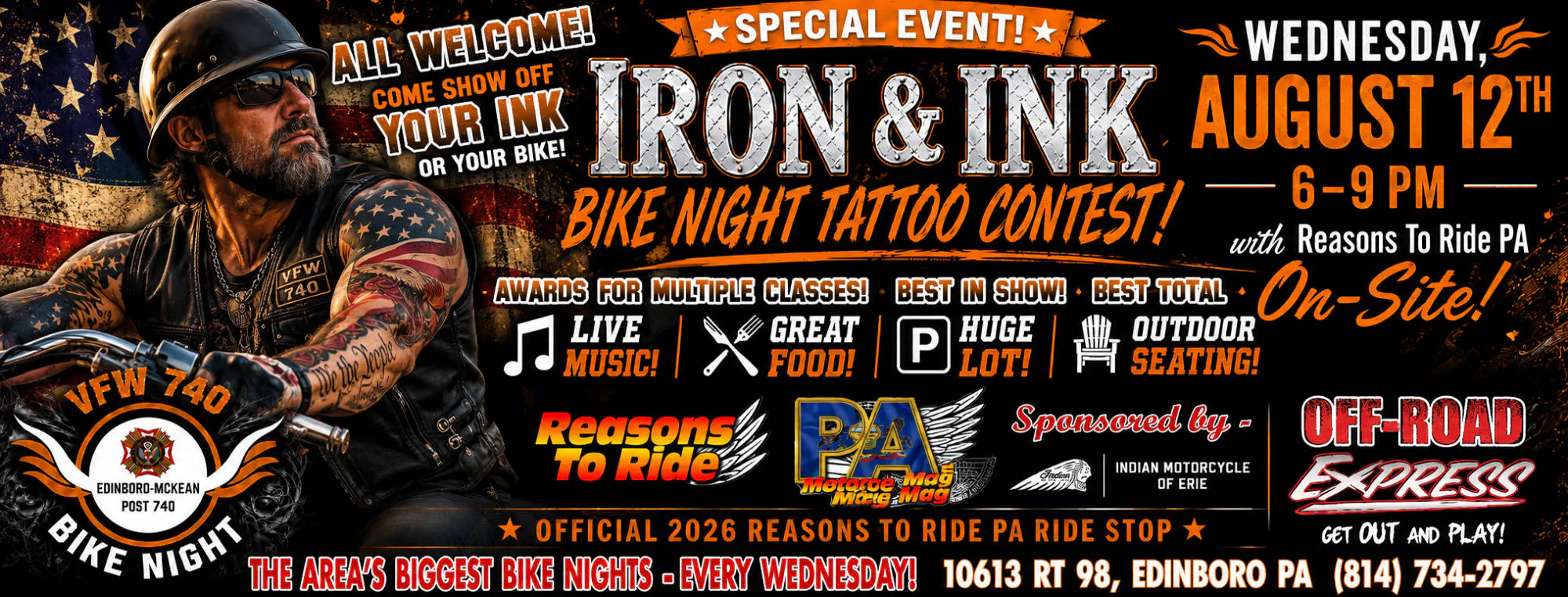 VFW 740 BIKE NIGHT - IRON & INK TATTOO PARTY event banner