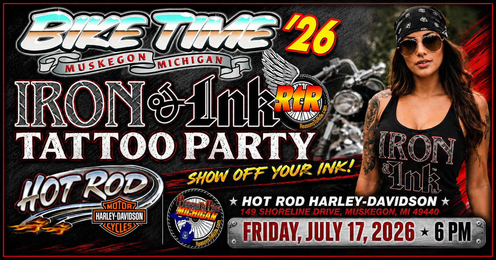 BIKE TIME Iron & Ink Tattoo Party at Hot Rod Harley-Davidson event banner