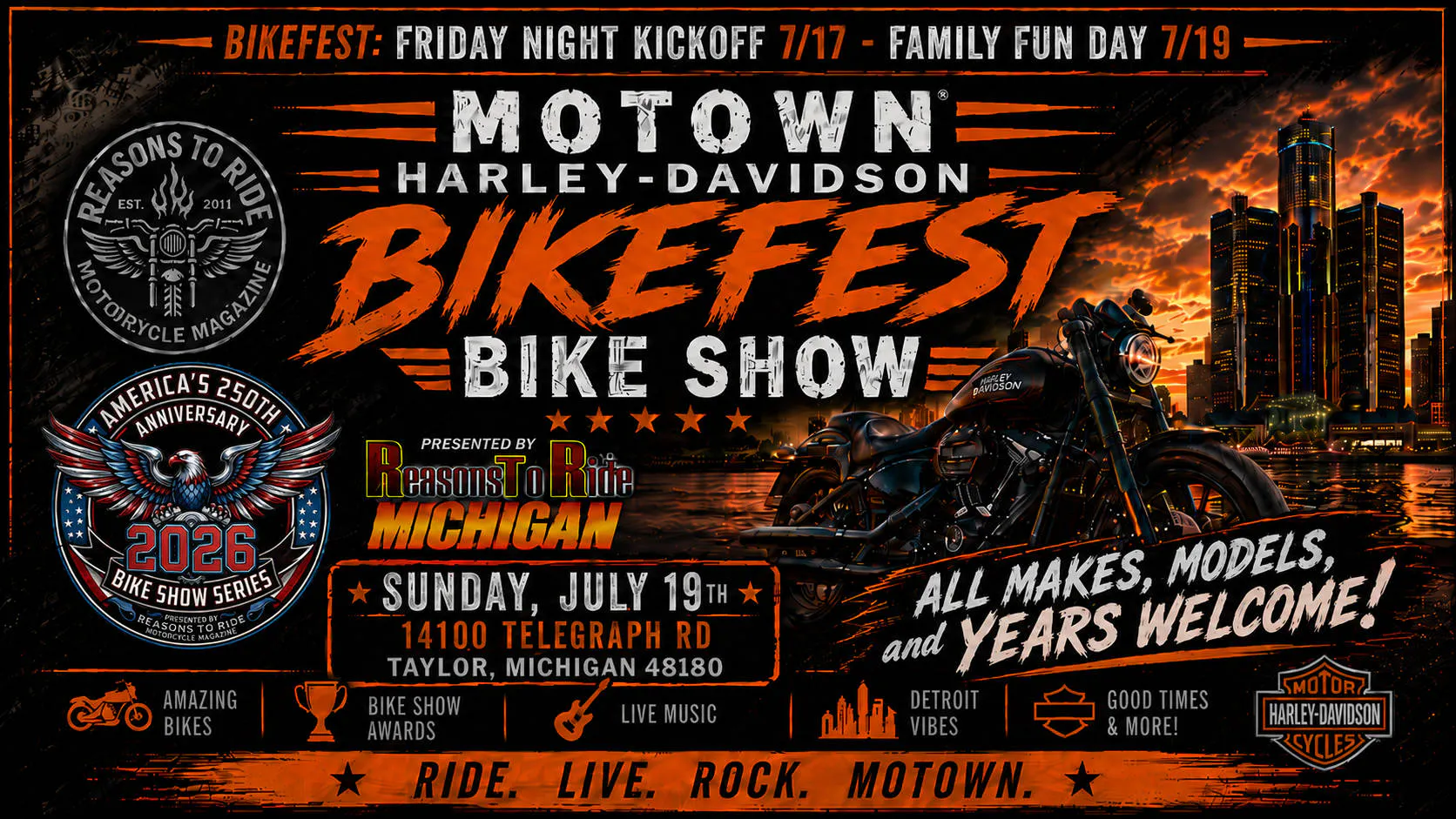 MOTOWN Harley-Davidson 2026 BIKEFEST Bike Show, hosted by Reasons To Ride event banner