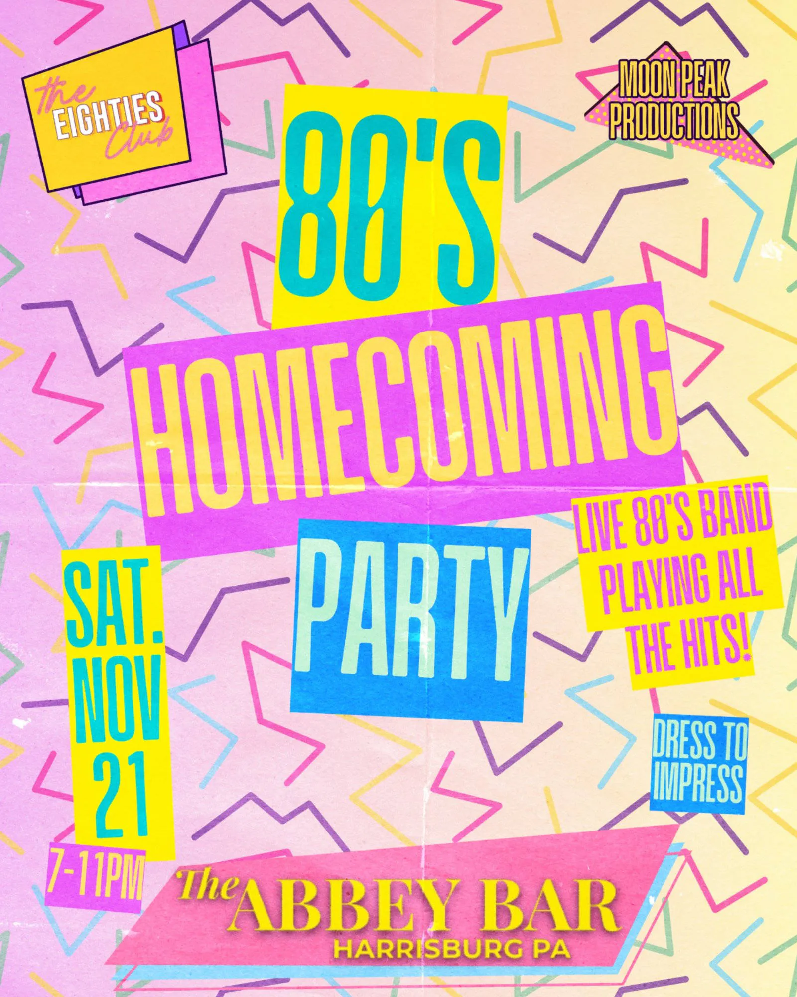 80's Homecoming Party | Nov 21 | The Abbey Bar | Harrisburg PA event banner