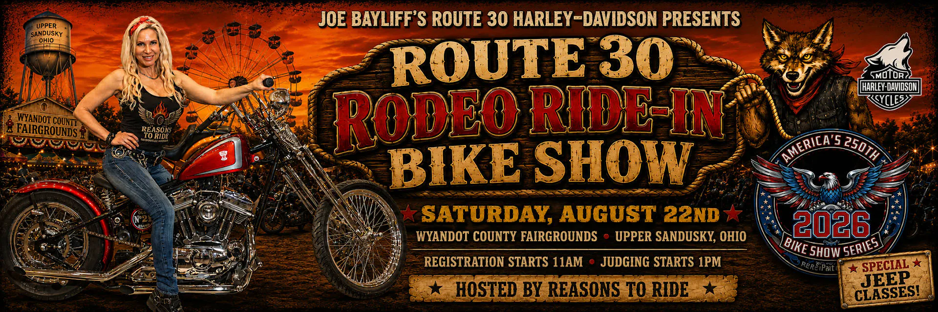 Joe Bayliff's Route 30 Rodeo Ride-In Bike Show event banner