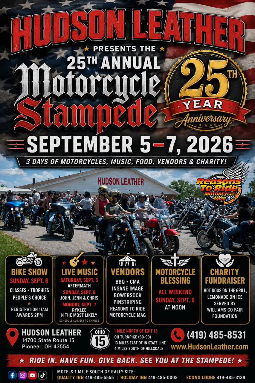 Hudson Leather 25th Annual Motorcycle Stampede w/ Reasons To Ride event banner