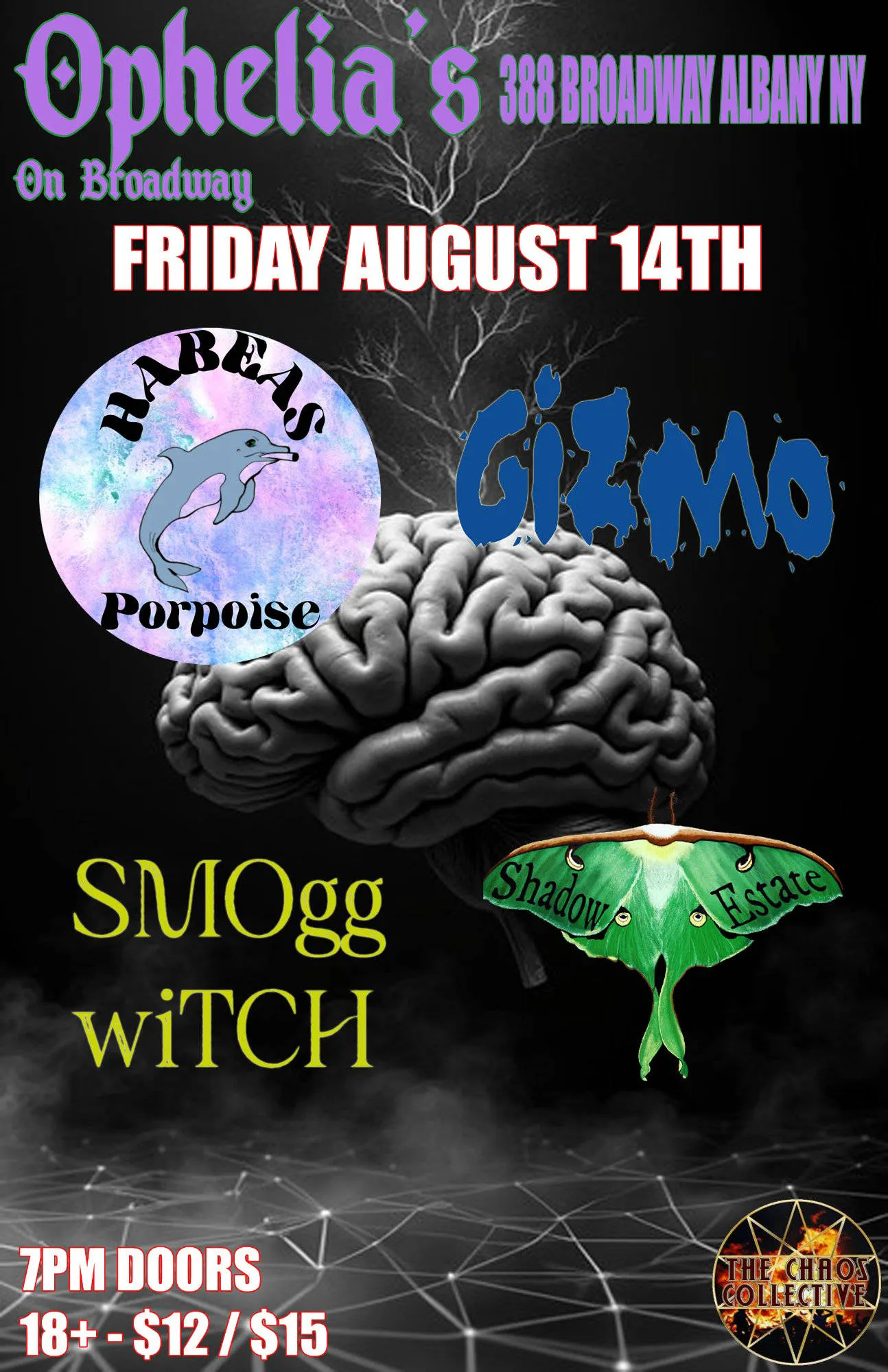 Habeas Porpoise - Gizmo - Smogg Witch - Shadow Estate live at Ophelia's Fri. Aug. 14th event banner