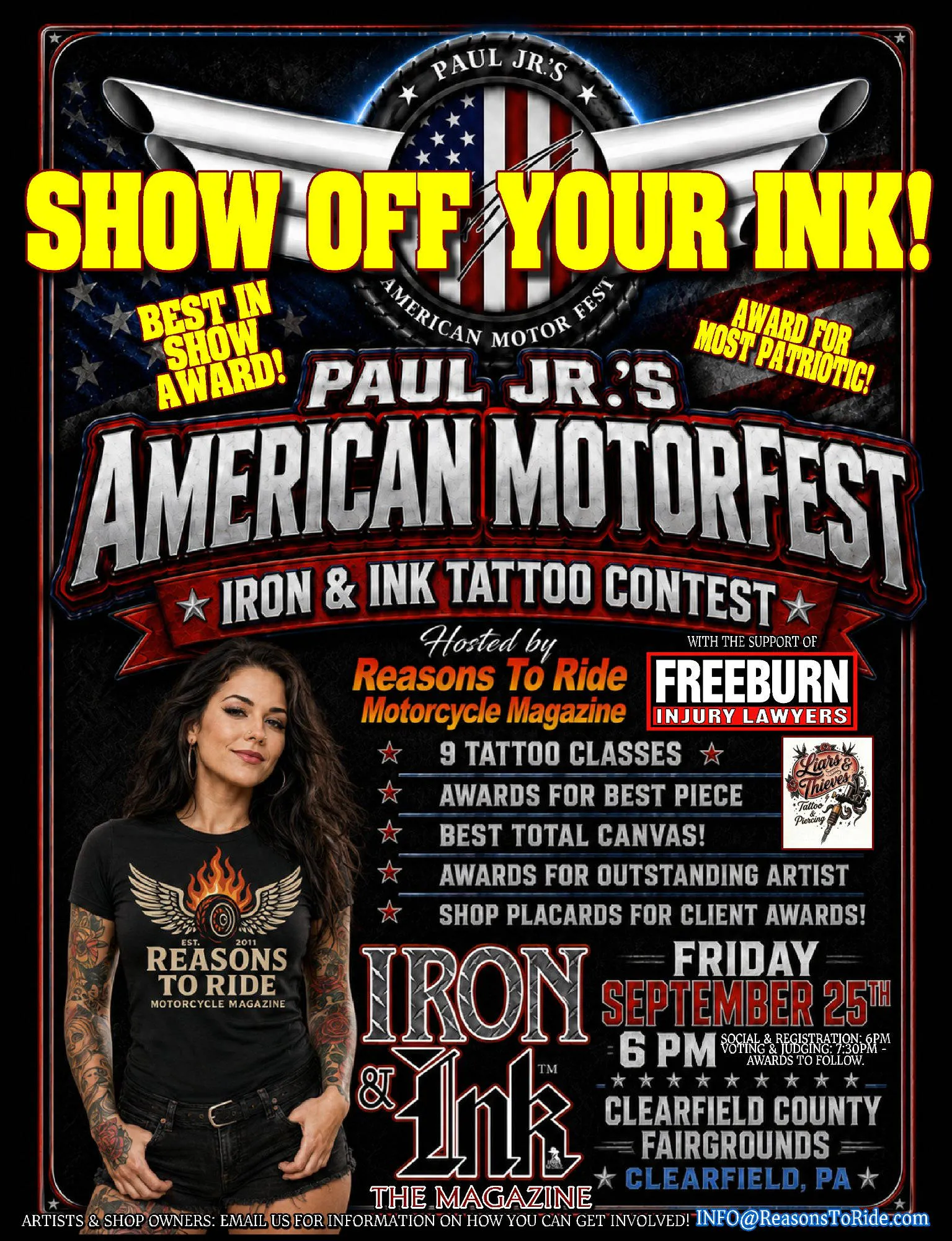 American MotorFest Iron & Ink Tattoo Party, hosted by Reasons To Ride PA with the Support of Freeburn Law event banner