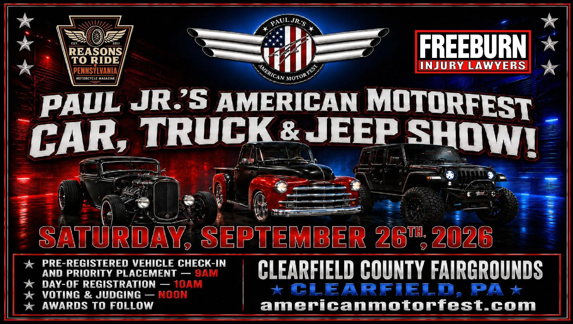 Paul Jr's American Motor Fest CAR TRUCK & JEEP SHOW w/ Reasons To Ride event banner