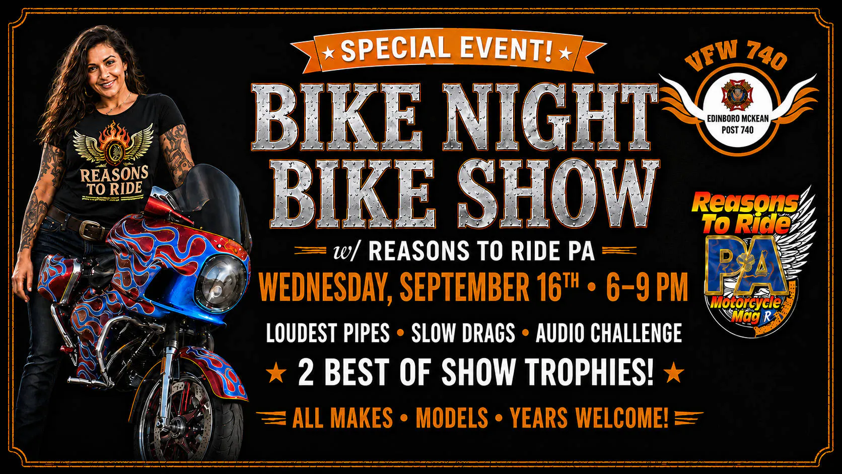 VFW 740 BIKE NIGHT BIKE SHOW w/ Reasons To Ride PA event banner