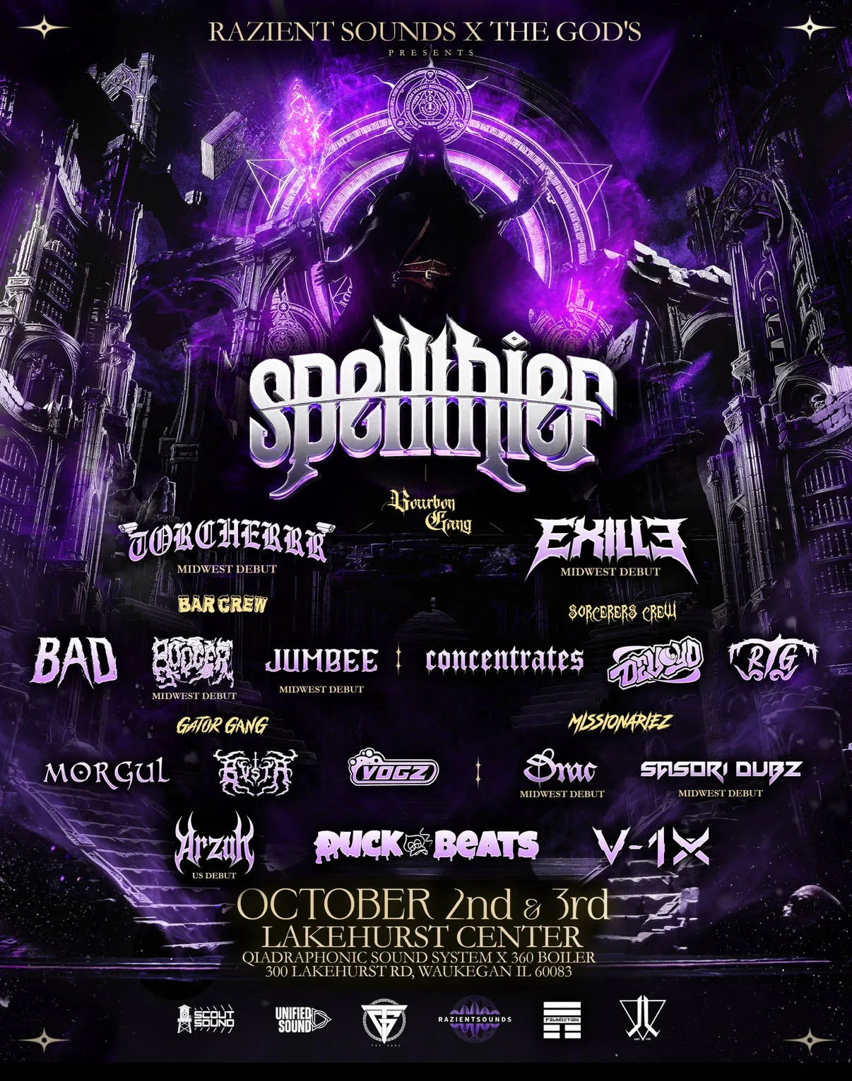 SPELLTHIEF, BOURBAN GANG, BAD, BAR CREW, DEVOYD,  SORCERERS CREW, MISSIONRIEZ, ARZAH, DUCKBEAT, V-1X event banner