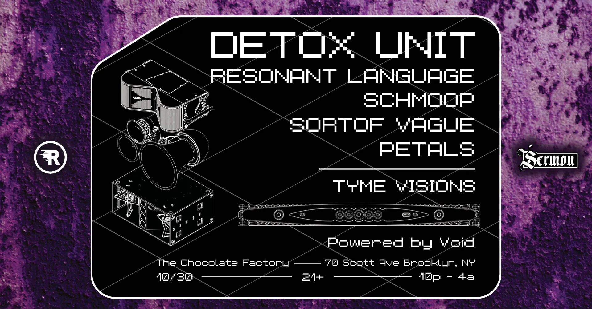 DETOX UNIT HALLOWEEN @ The Chocolate Factory ft Resonant Language, Schmoop, Sortof Vague + Petals event banner