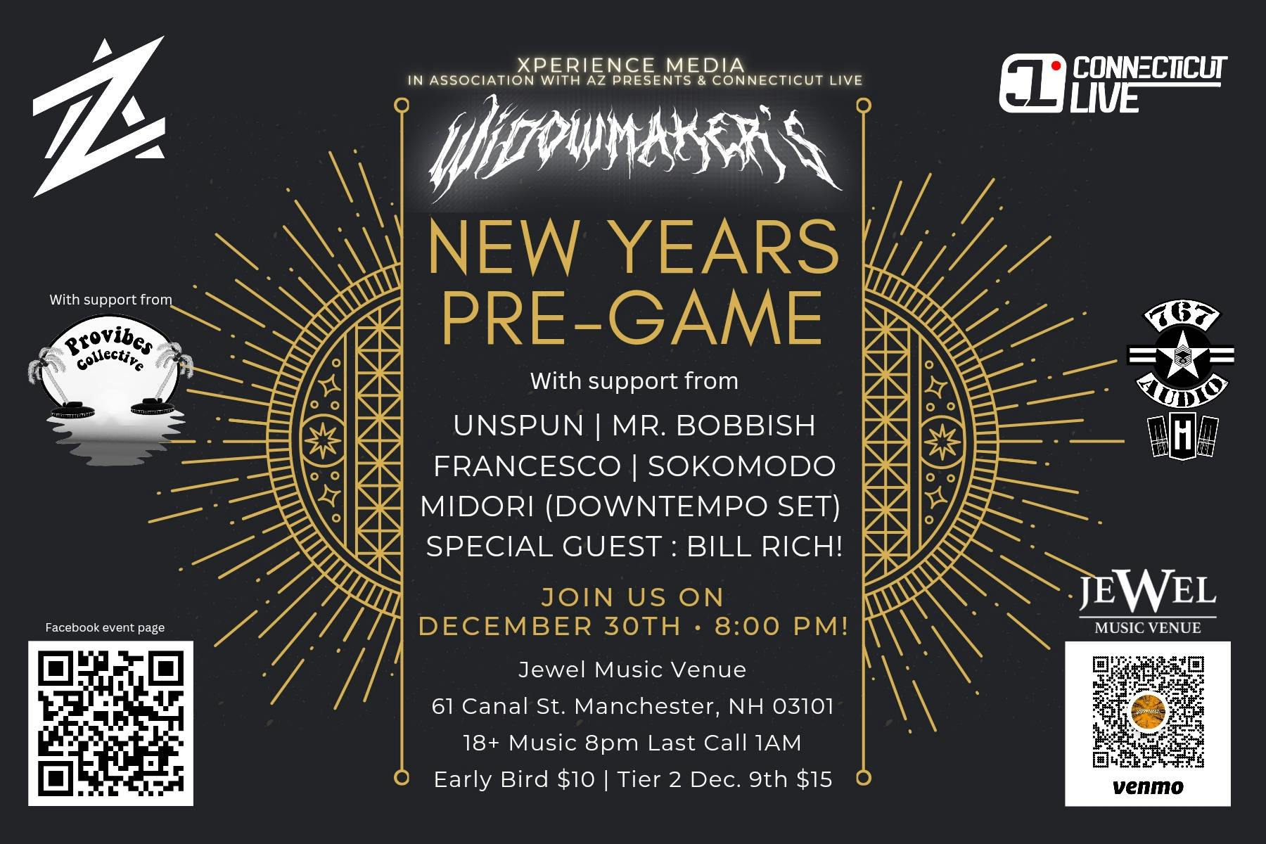 Widowmaker's New Years Pre-Game event banner