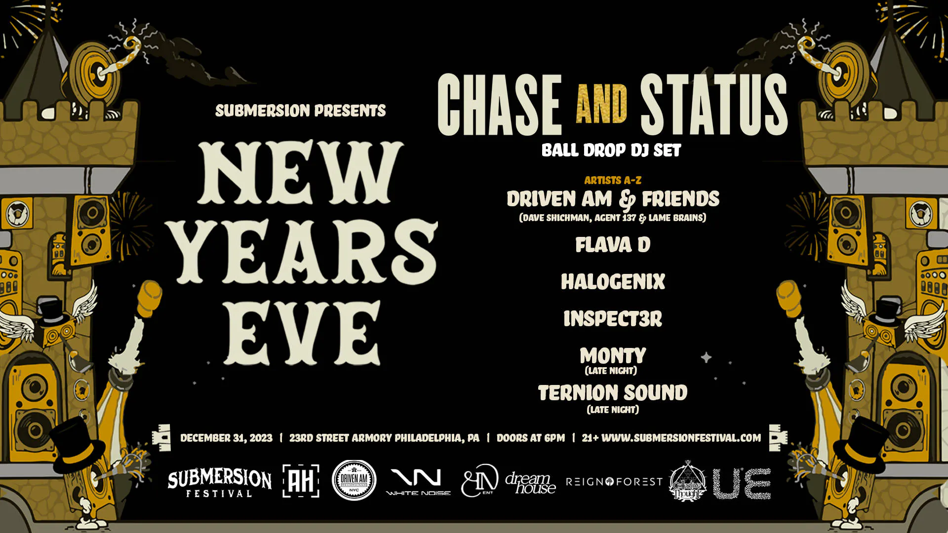 NYE 2023 w/ Chase & Status, Halogenix, Ternion Sound, Monty, Flava D, Inspect3r & Driven AM event banner