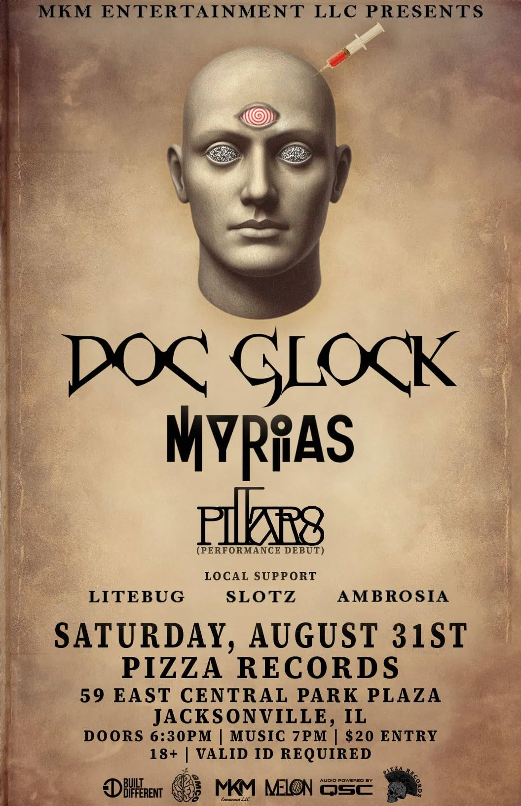 MKM Entertainment LLC presents: Doc Glock, Myrias, and Pillars event banner
