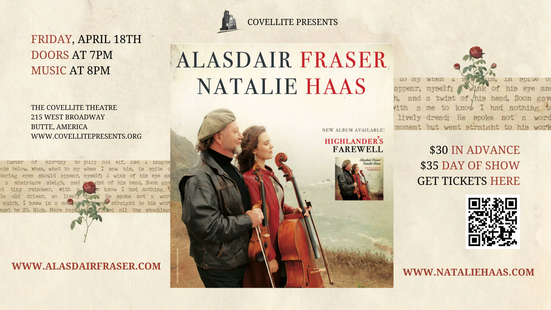 Alasdair Fraser & Natalie Haas at the Covellite Theatre event banner
